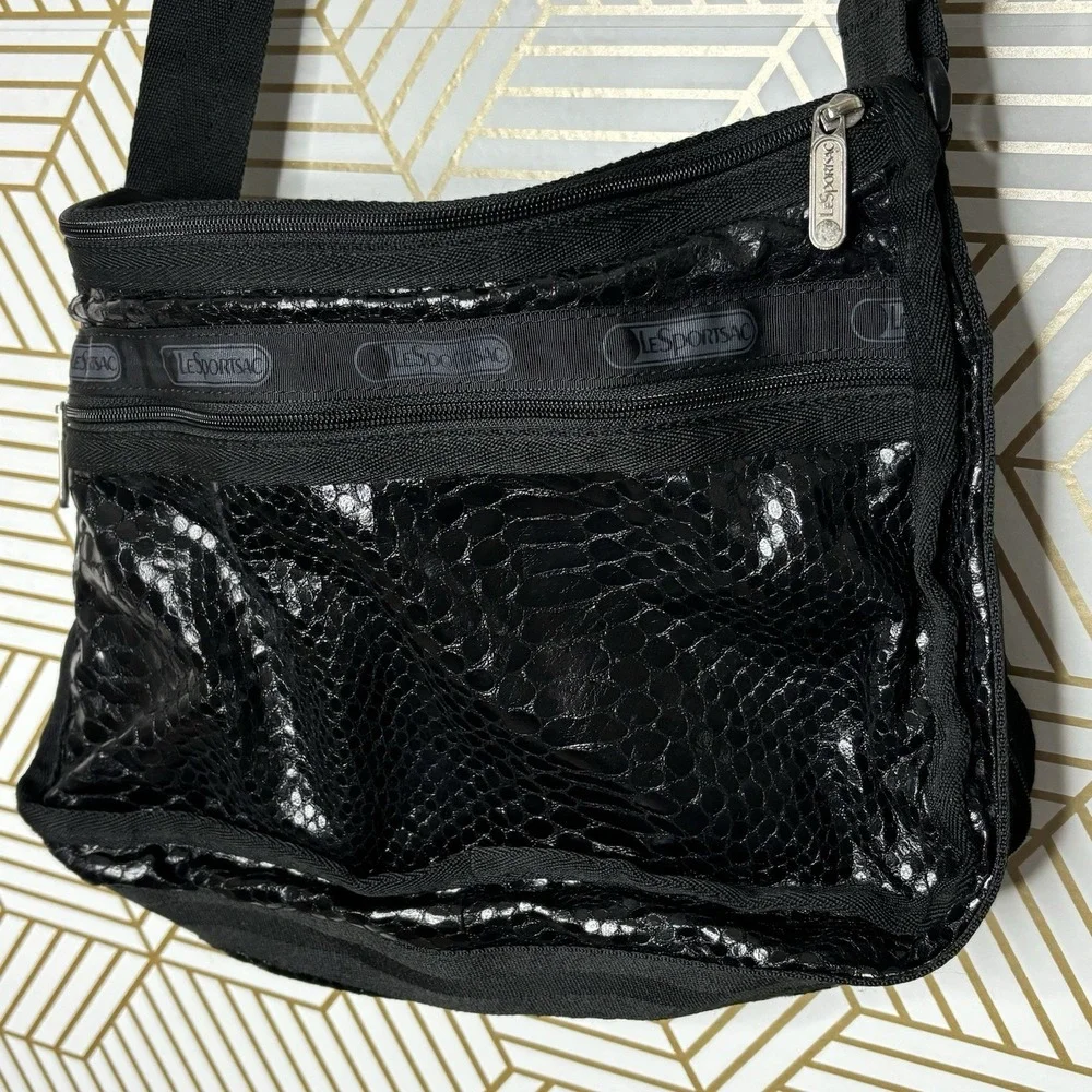 LeSportSac Deluxe Expandable Black Shoulder Bag Glossy Snake Print & Zip Pouch